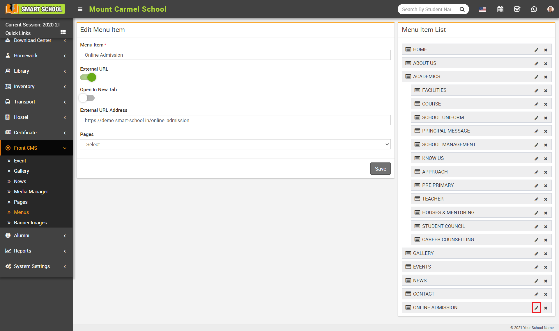 online admission menu edit